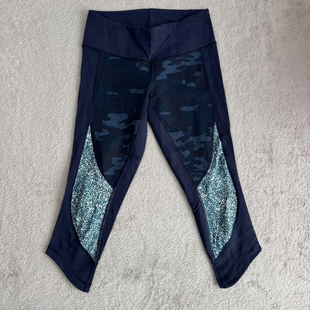 Lululemon Wunder Under Crop Leggings Womens 6 Sashiko Blue Camo Gym Yoga Workout